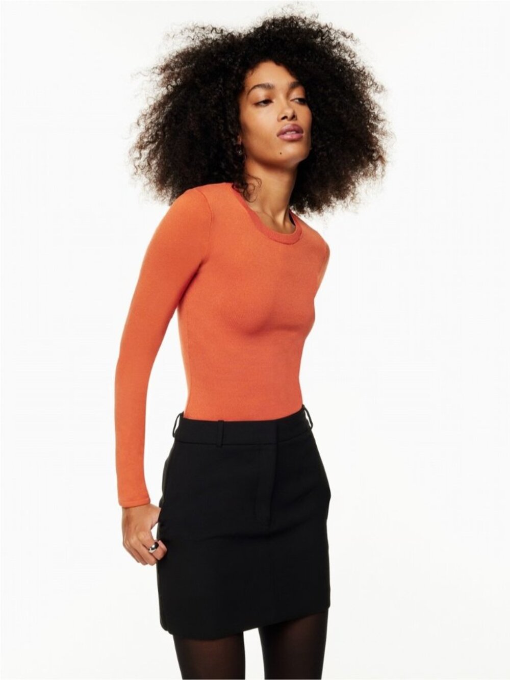 Aritzia Babaton Crew Contour Rust Orange Ribbed knit Long Sleeve Top skims XS